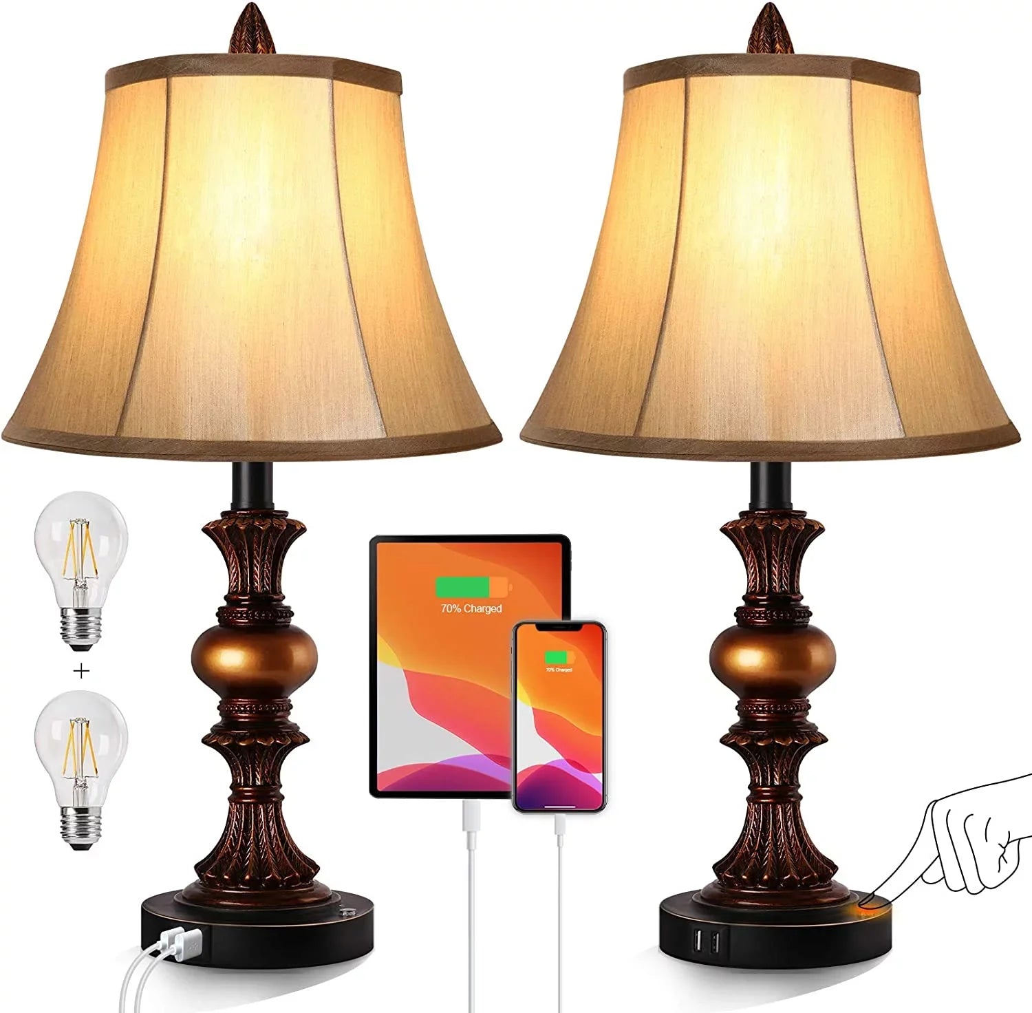 Premium Premium Nictiv Set of 2 Table Lamps, Bedroom Bedside Lamp with 4 USB Port Touch Control 3-Way Dimmable Nightstand Lamp Traditional Wooden Lamp Sets with 2 Free LED Bulbs - Great Deal!